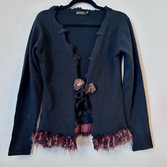 Lee Anderson Womens Ruffles Neckline Real Fur Trim Sweater Black Size XS Anthrop - Picture 1 of 4